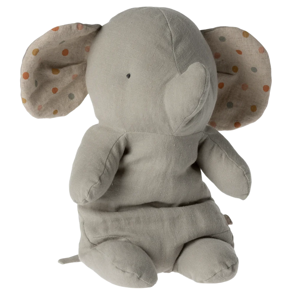 Gray plush elephant toy with polka dot ears on a white background