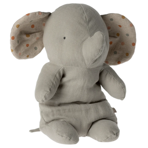 Gray plush elephant toy with polka dot ears on a white background