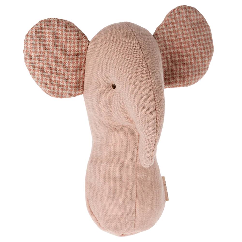 A soft elephant-shaped rattle with checkered pattern ears and a pink nose, made from linens and cottons, intended for baby's small hands.