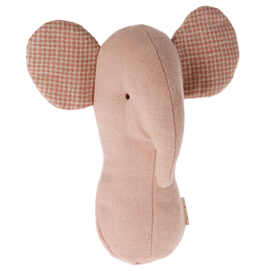 A soft elephant-shaped rattle with checkered pattern ears and a pink nose, made from linens and cottons, intended for baby's small hands.