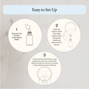 Step-by-step installation guide for a wall-mounted scent device on a light gray background.