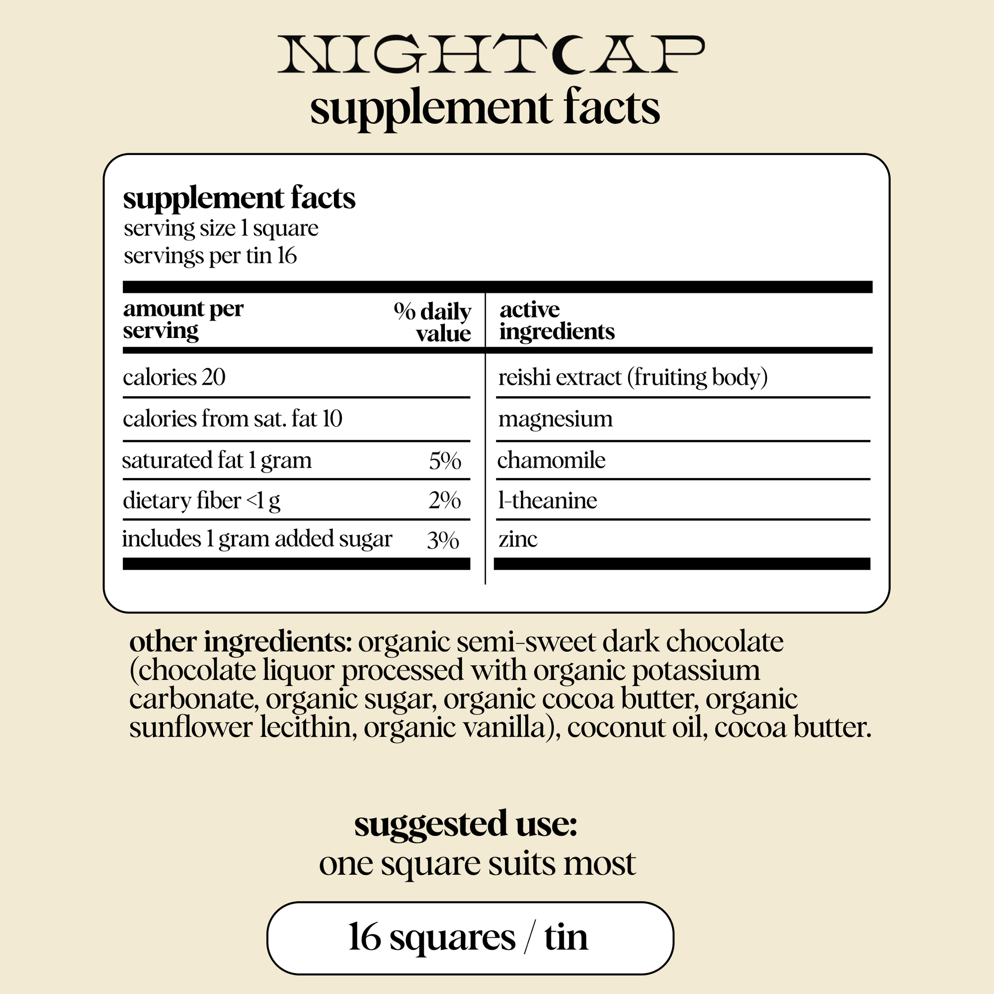 Supplement facts label for Nightcap product on a beige background