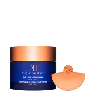 Augustinus Bader face cream mask with blue container and bronze lid on a white background