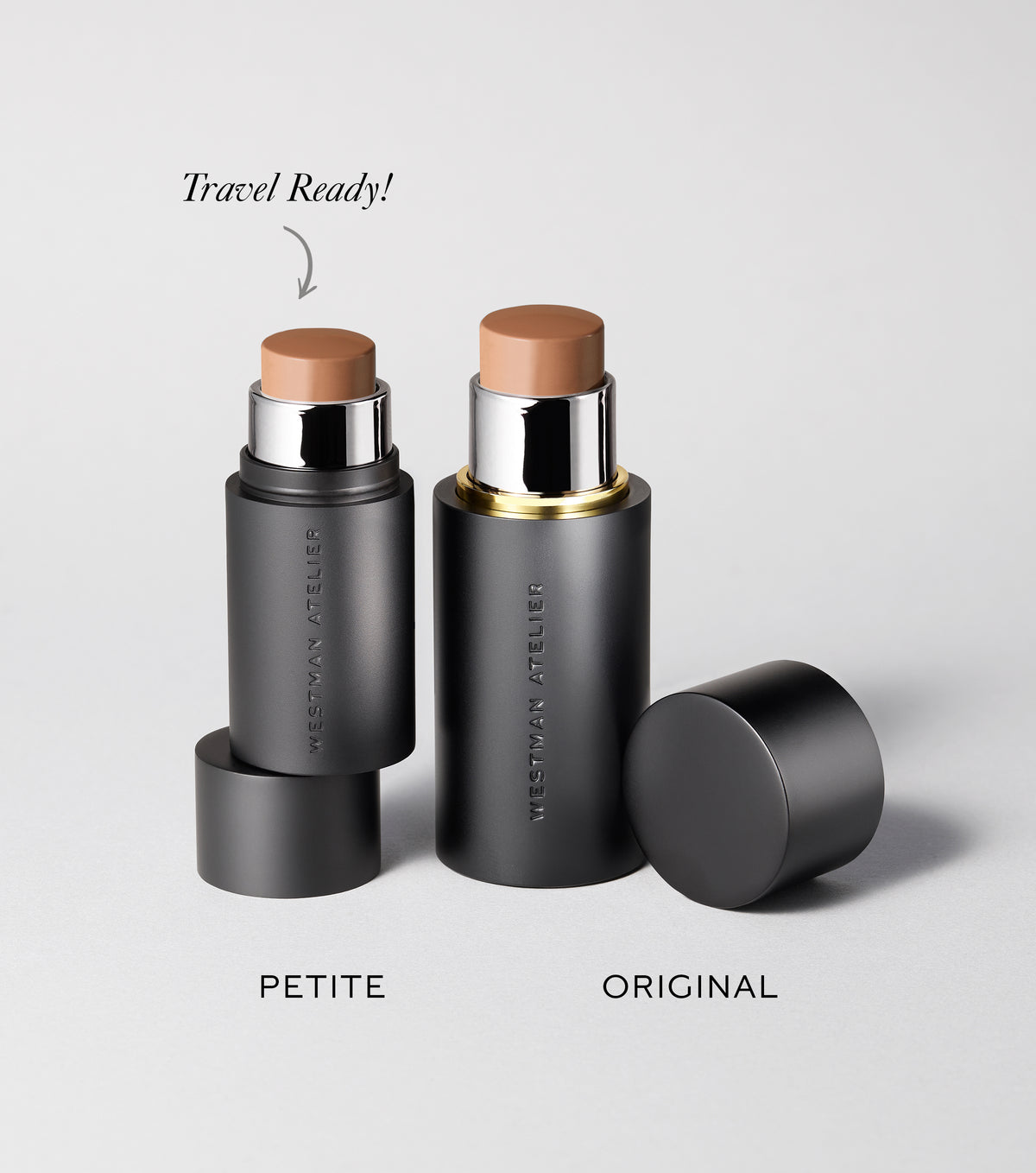 Two Westman Atelier makeup sticks, one labeled 'Petite' and the other 'Original', on a light gray background.