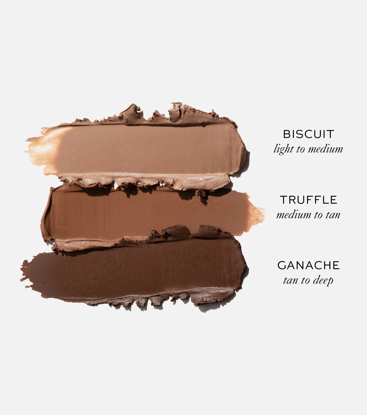 Three brown color swatches labeled 'Biscuit', 'Truffle', and 'Ganache' on a white background.