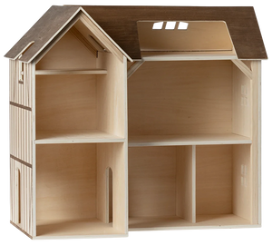 Wooden dollhouse with a brown roof on a white background