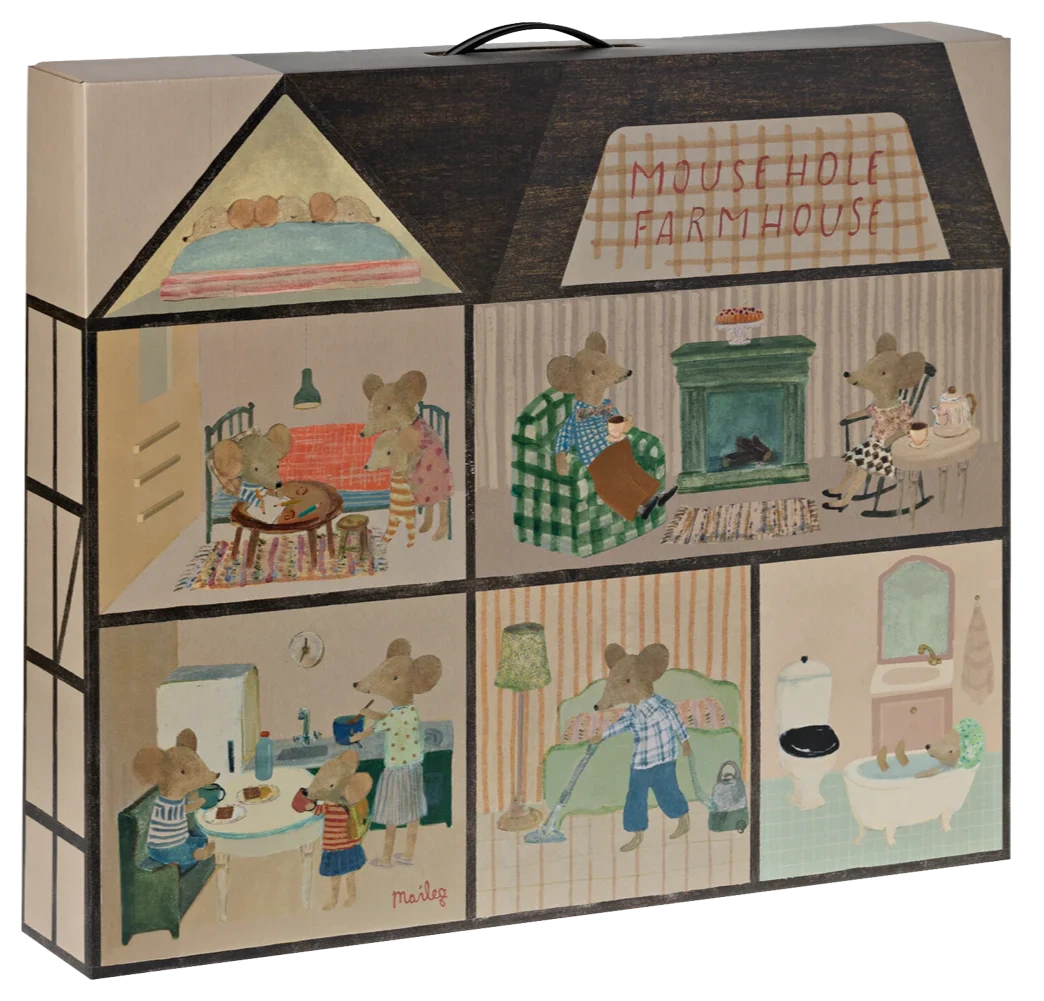 Illustrated mouse house with various rooms and mouse activities.