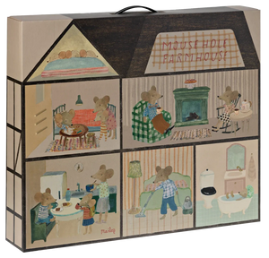 Illustrated mouse house with various rooms and mouse activities.