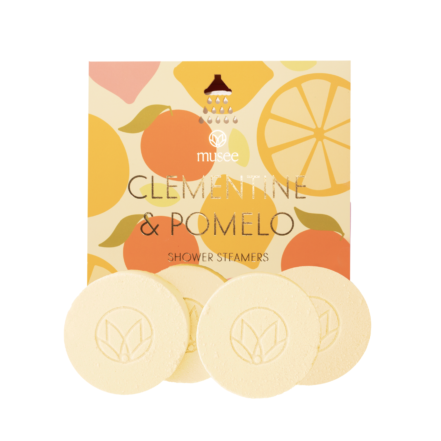 Shower steamers with Clementine & Pomelo packaging on a white background