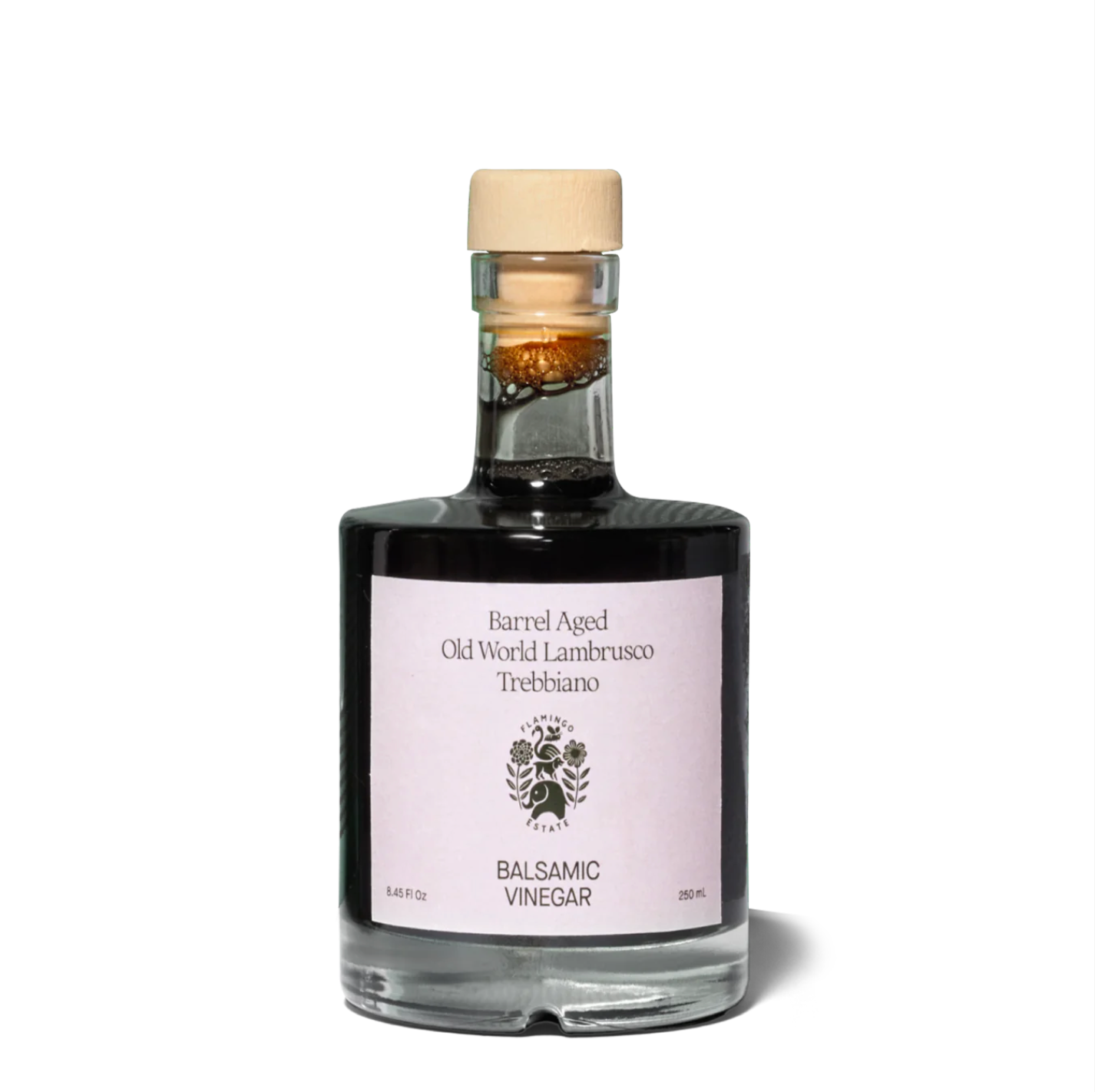 A bottle of barrel aged balsamic vinegar, hand poured in California