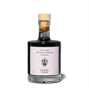 A bottle of barrel aged balsamic vinegar, hand poured in California