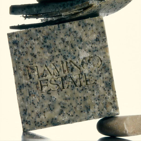 A bar of morning exfoliating soap, made by Flamingo Estate in Los Angeles