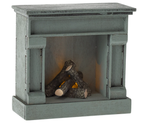 Small wooden fireplace with logs inside on a white background