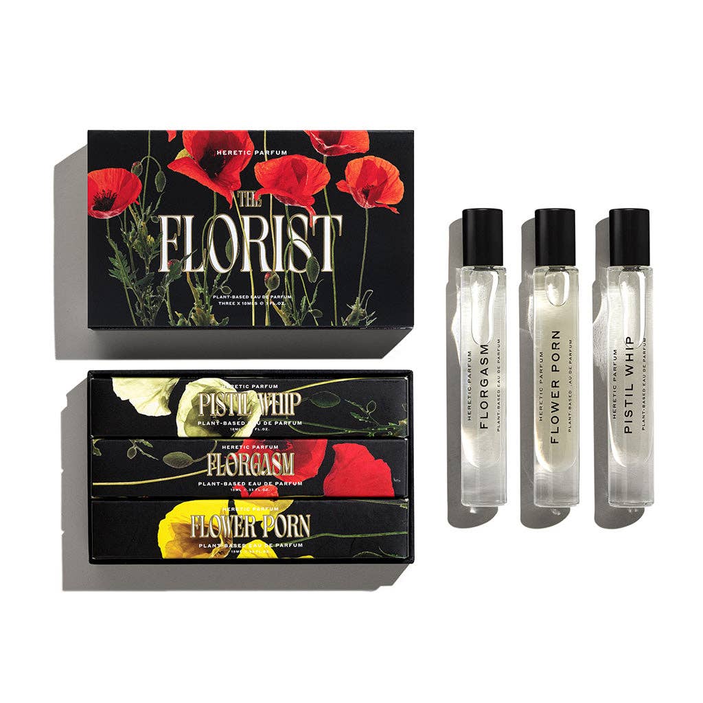 Set of three perfume bottles with a box featuring red flowers and 'The Florist' branding.