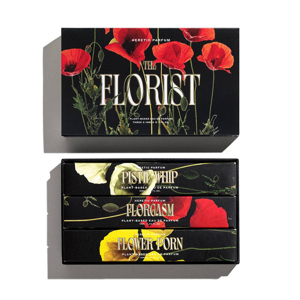 Two boxes of 'The Florist' perfume collection with floral designs on a white background.