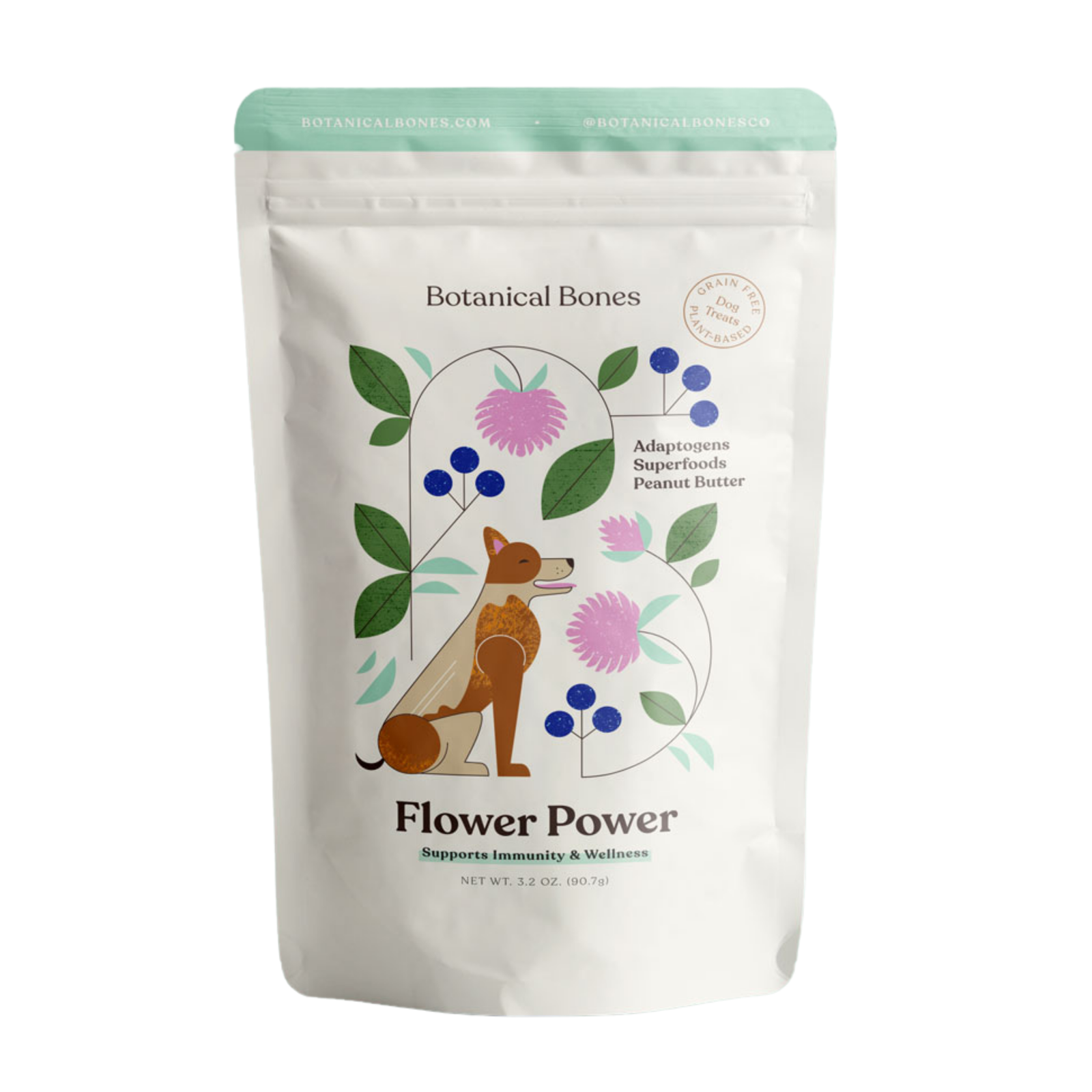 A bag of flower power dog treats, by botanical bones