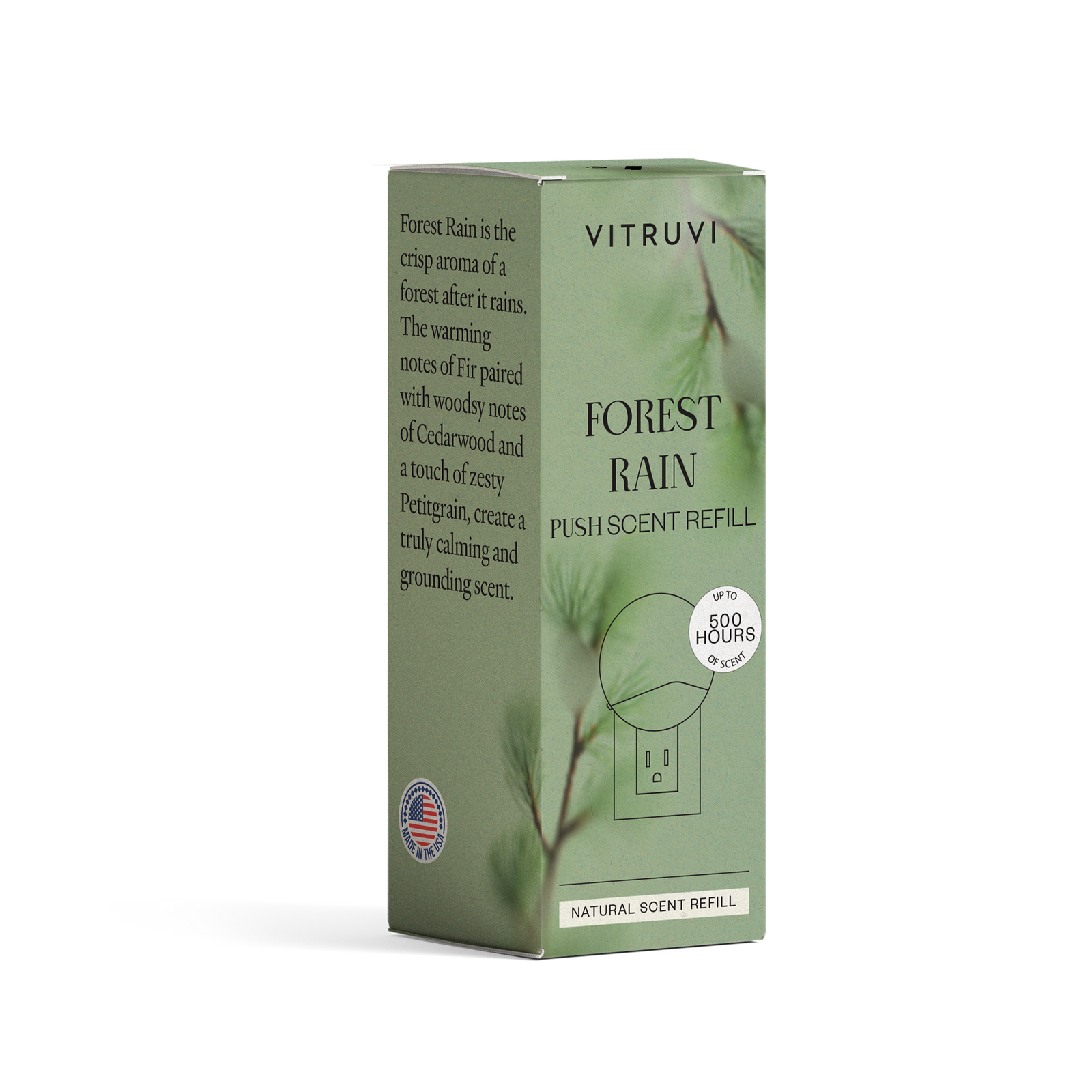 Vitruvi Forest Rain push-scent refill box on a white background