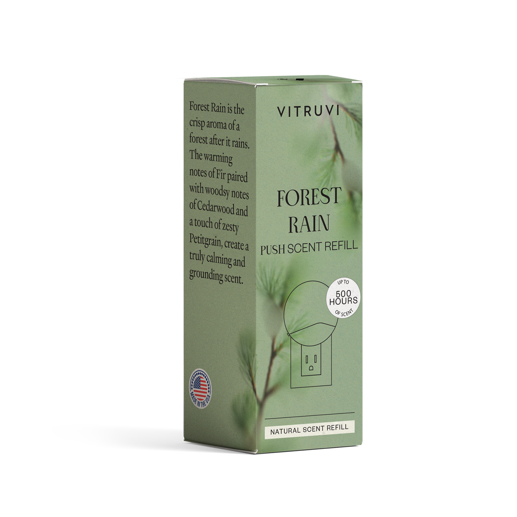 Vitruvi Forest Rain push-scent refill box on a white background