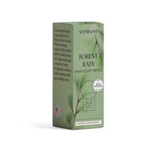 Vitruvi Forest Rain push-scent refill box on a white background