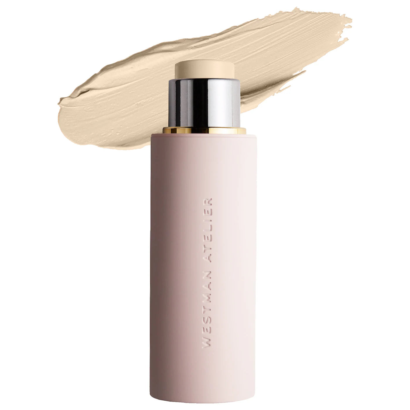 Cosmetic stick with beige color swatch on a white background, featuring the brand 'Westman Atelier'.
