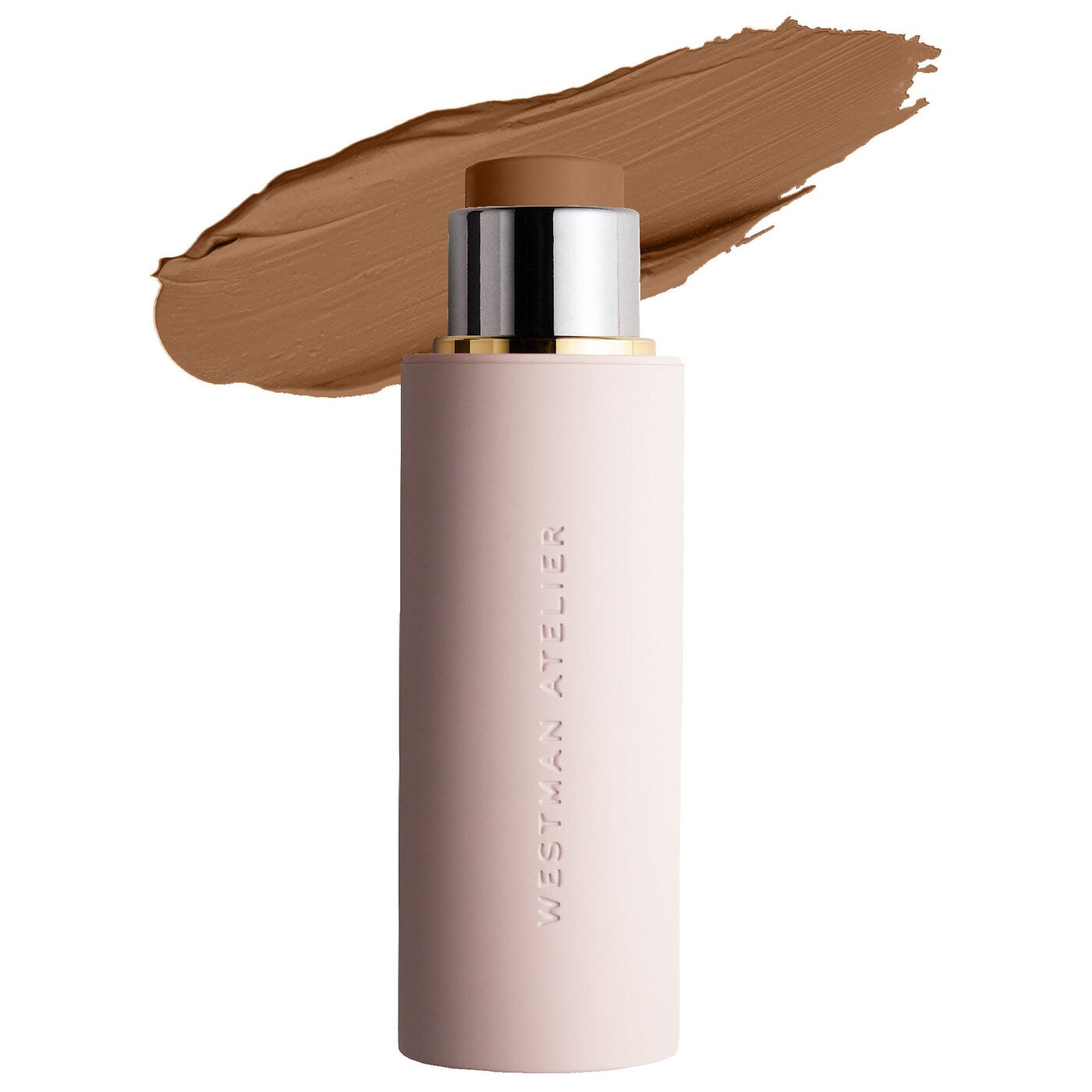 Cosmetic stick with a swatch of brown color on a white background, featuring the brand 'Westman Atelier'.
