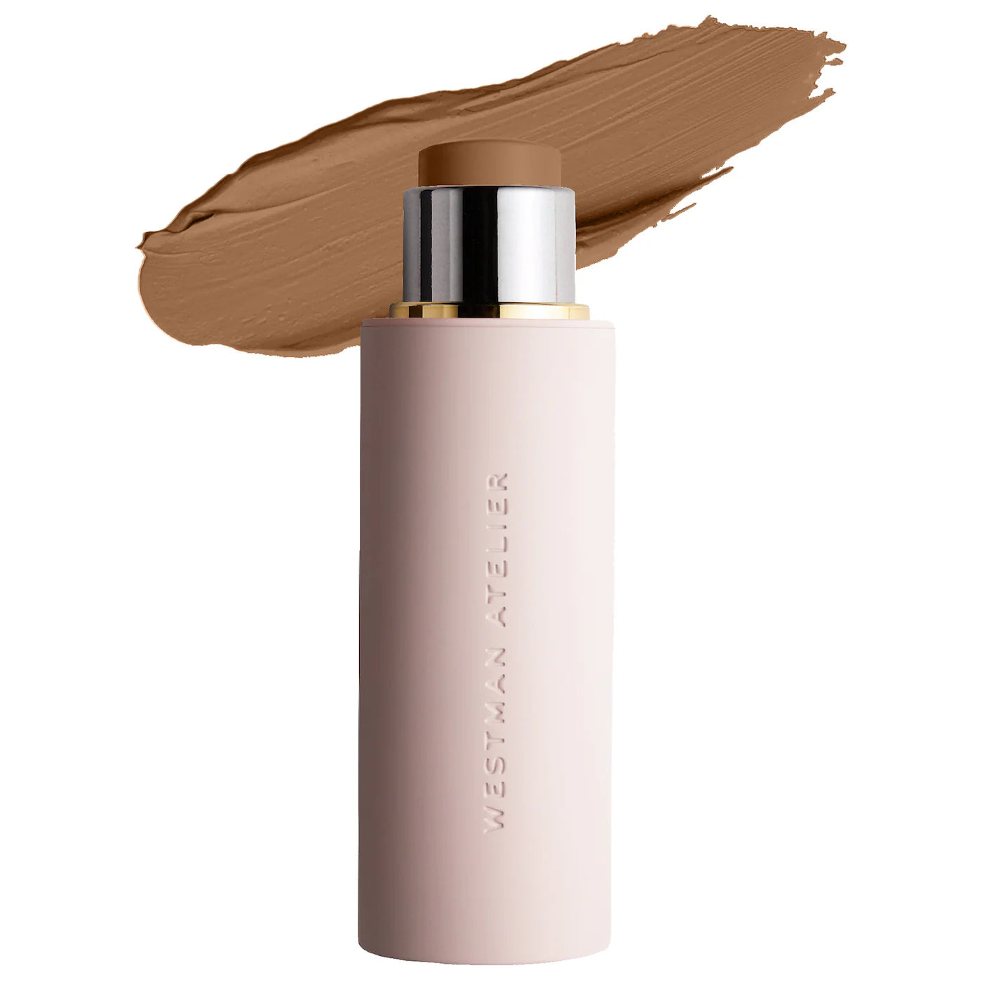 Westman Atelier cosmetic stick with brown color swatch on a white background