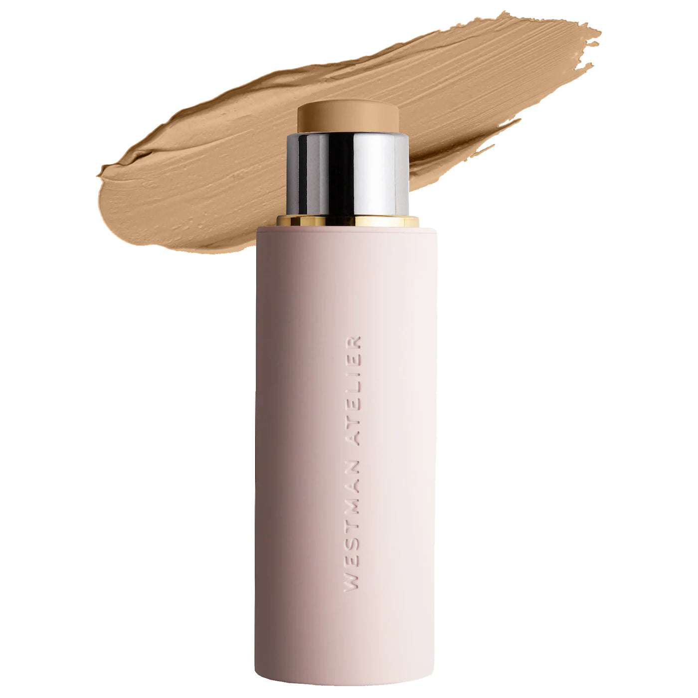 Cosmetic stick with beige color swatch on a white background, featuring the brand 'Westman Atelier'.