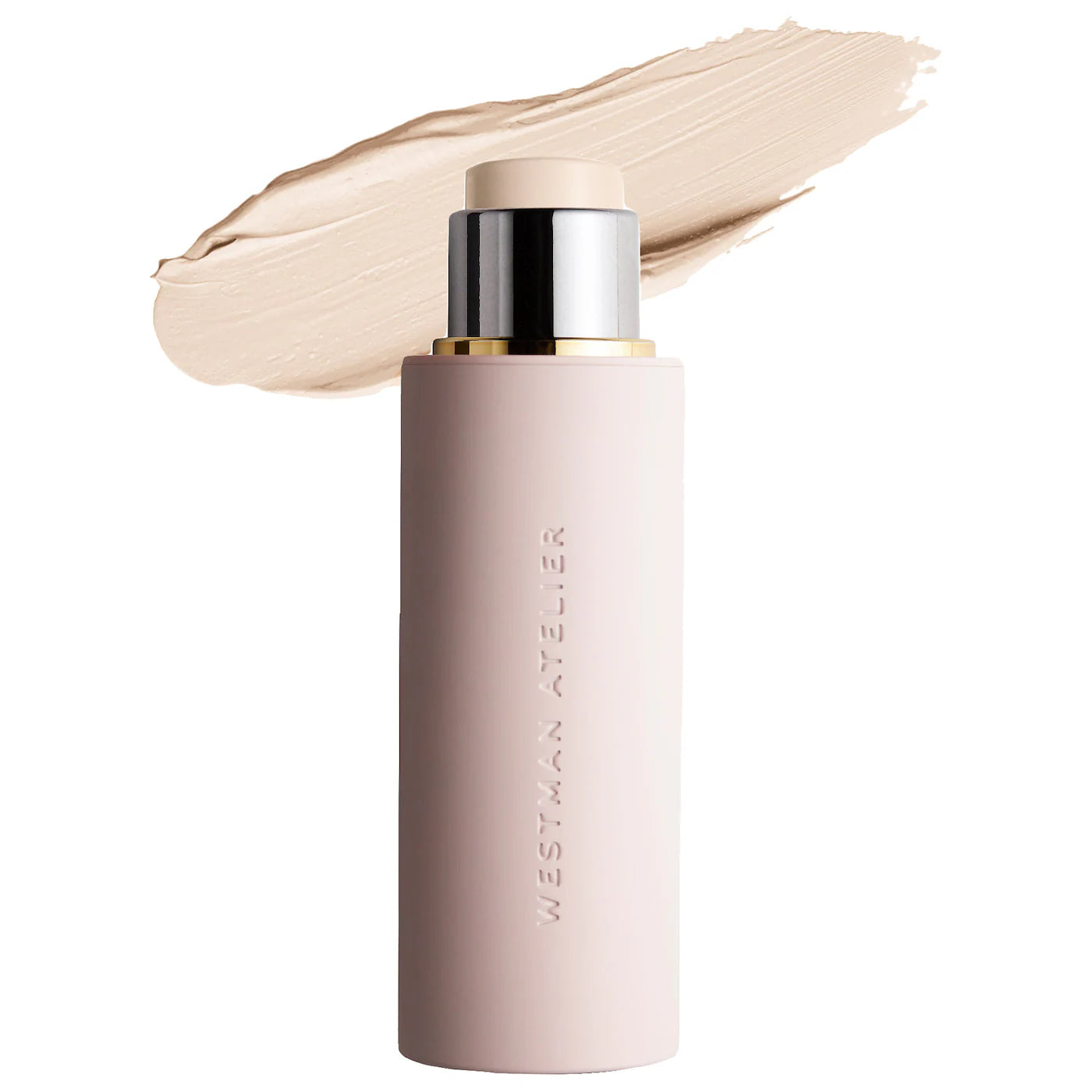 Cosmetic stick with beige color swatch on a white background, featuring the brand 'Westman Atelier'.