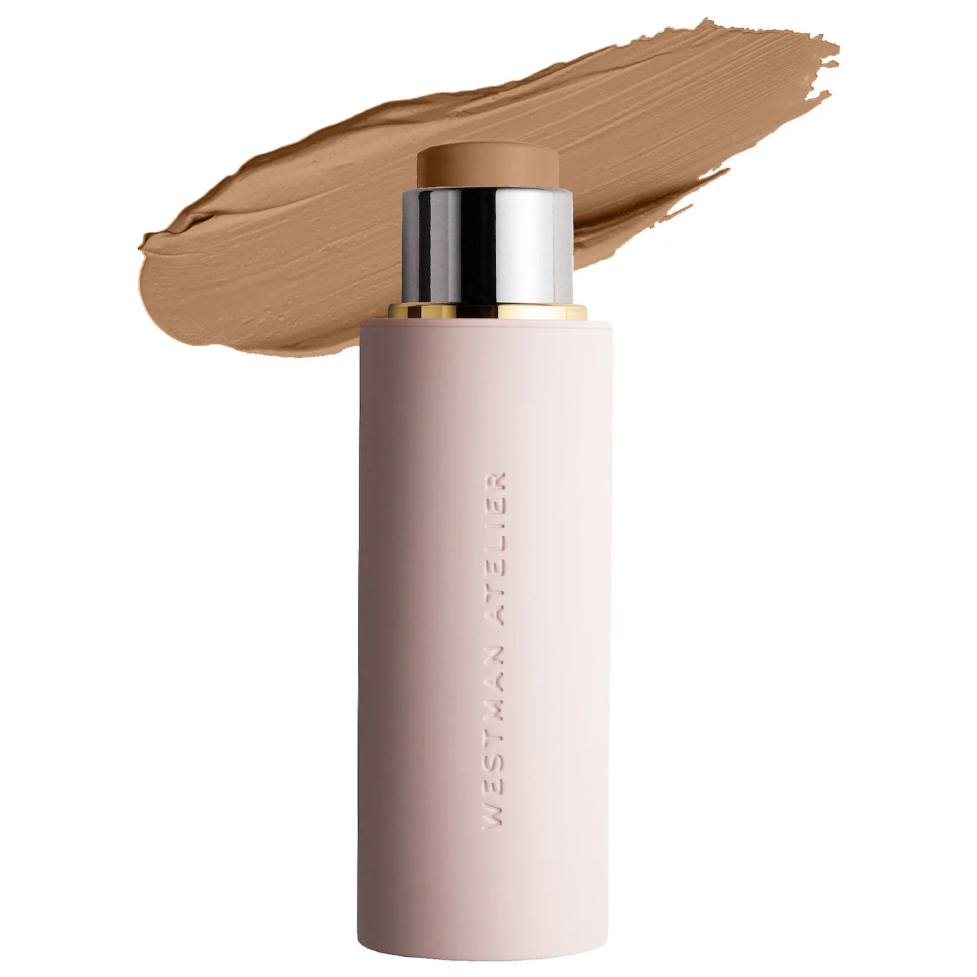 Cosmetic stick with beige color swatch on a white background, featuring the brand 'Westman Atelier'.