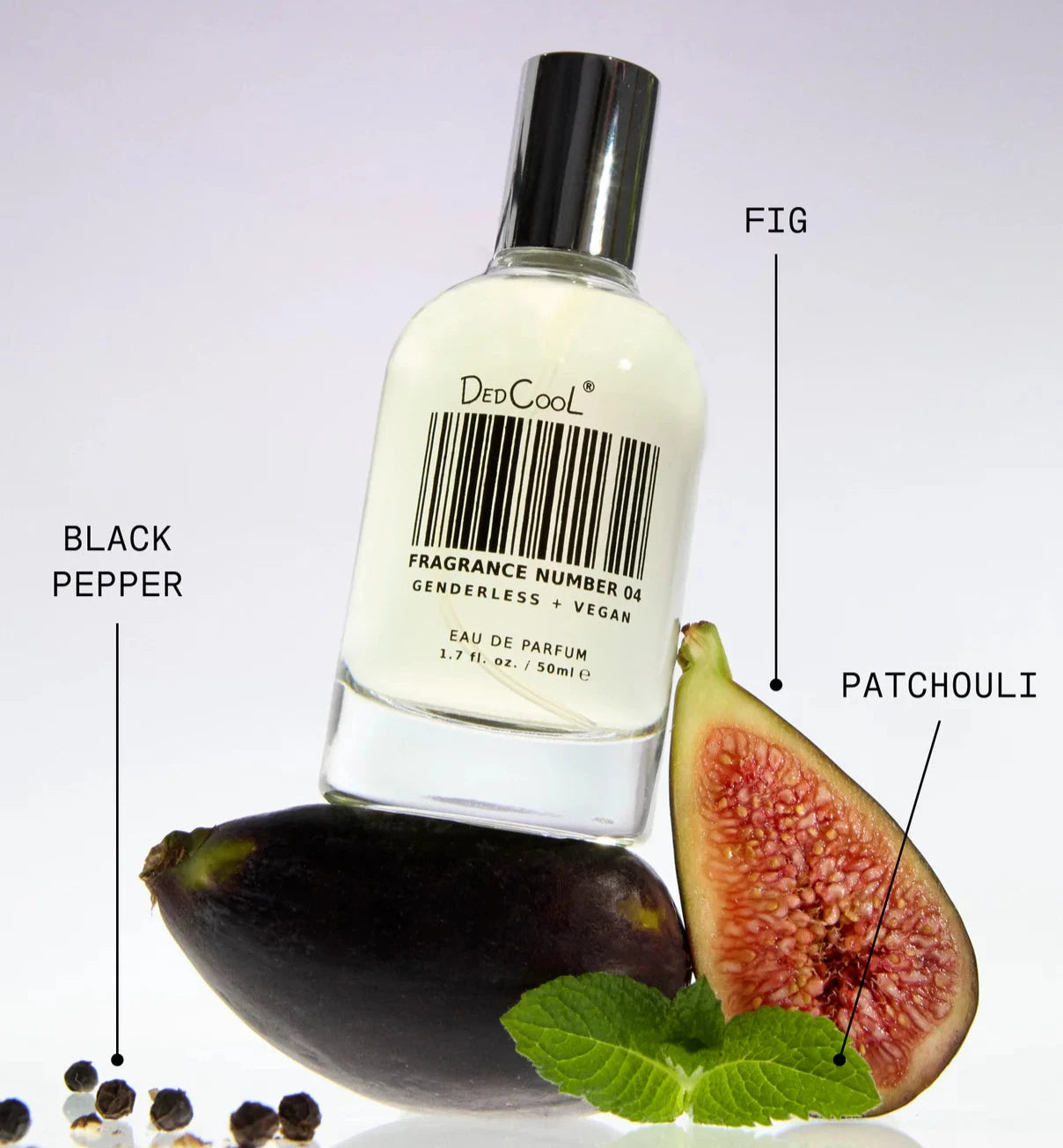Perfume bottle labeled 'DedCool' with fig, black pepper, and patchouli elements on a white background