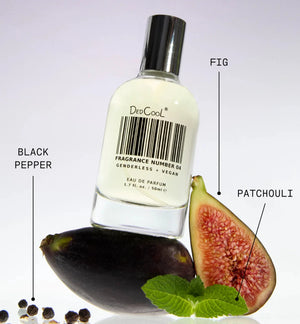 Perfume bottle labeled 'DedCool' with fig, black pepper, and patchouli elements on a white background