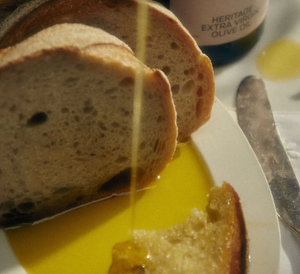 Bread slices in olive oil. 