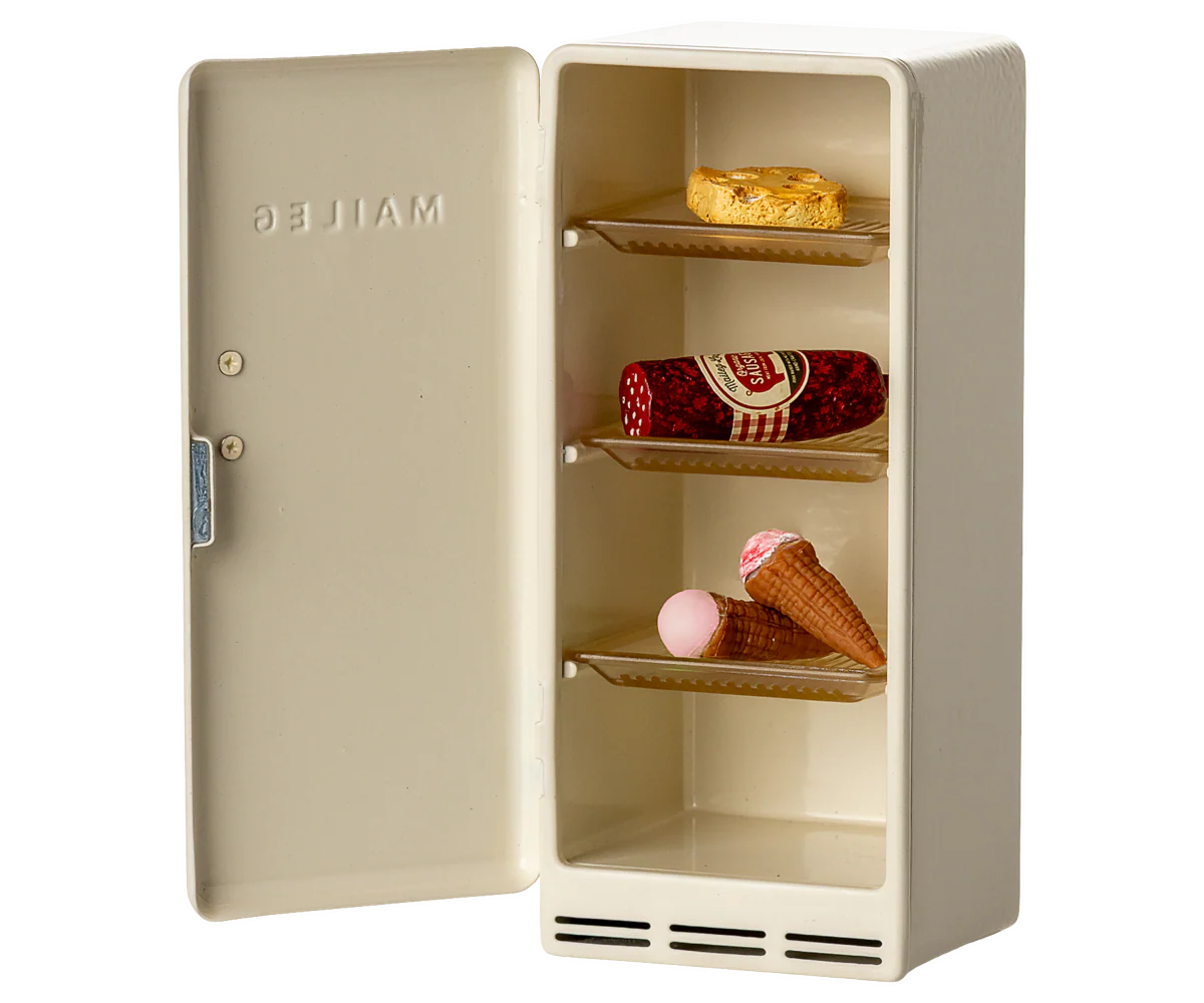Vintage-style beige refrigerator with 'Frigidaire' branding on a white background