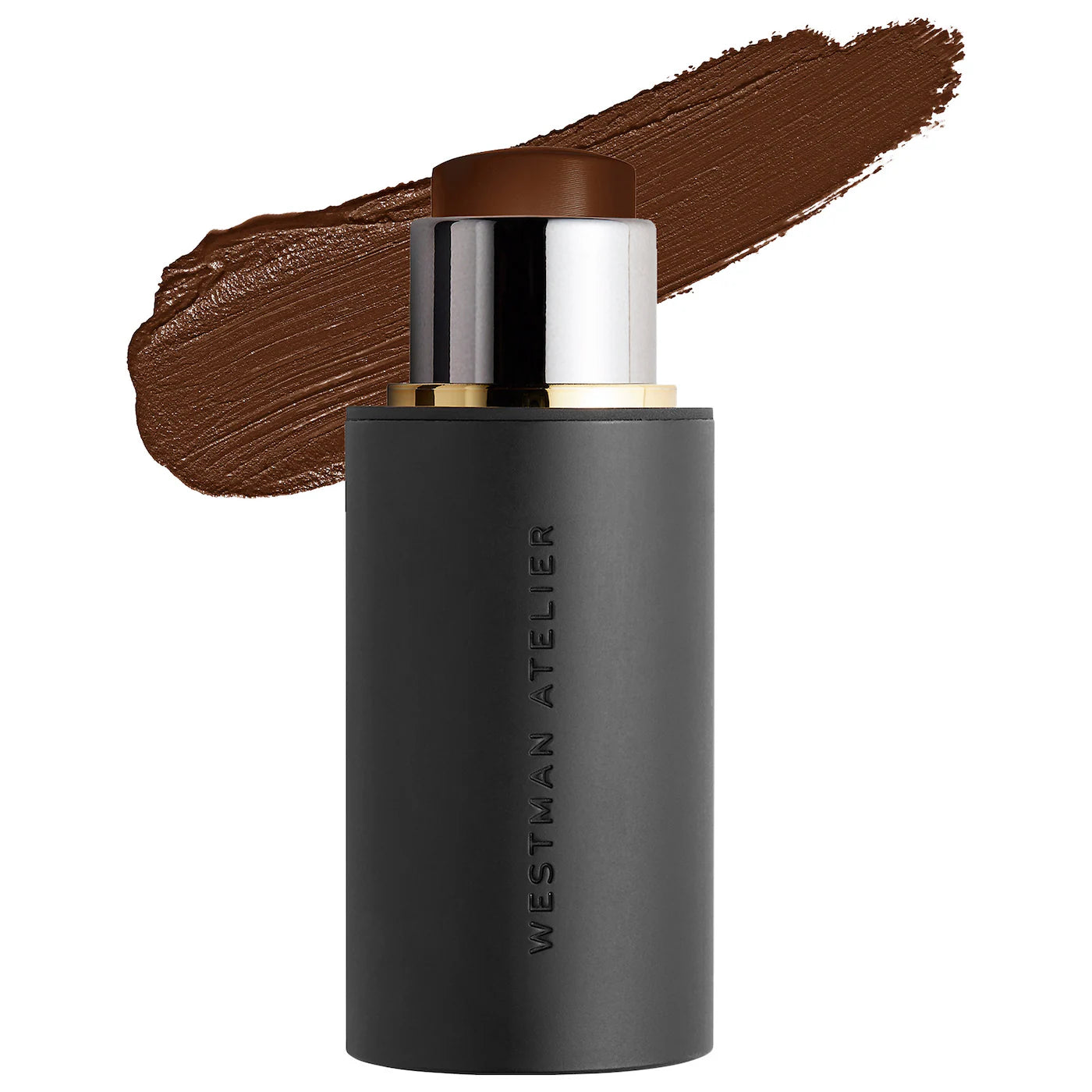Black cosmetic stick with brown applicator and swatch on white background, featuring 'Westman Atelier' branding.