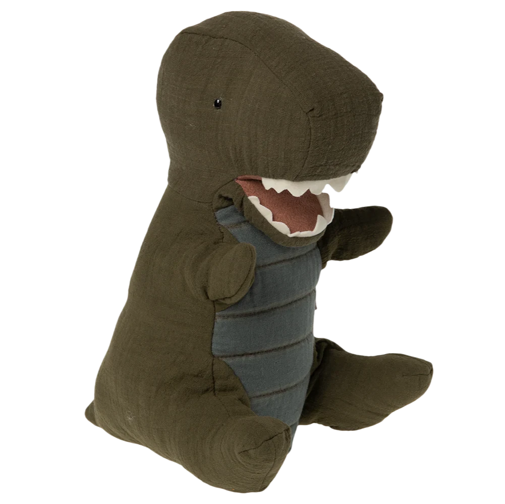 Plush toy dino hand puppet with a brown body on a white background