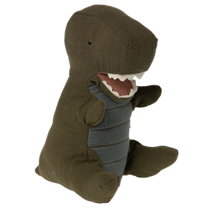 Plush toy dino hand puppet with a brown body on a white background