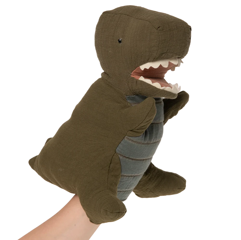 Plush dinosaur hand puppet on a white background
