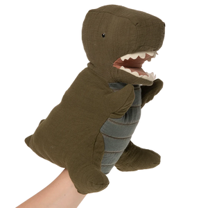 Plush dinosaur hand puppet on a white background