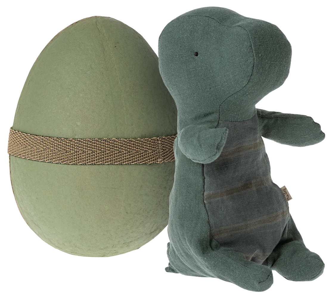 A green dino plushie with a cardboard egg