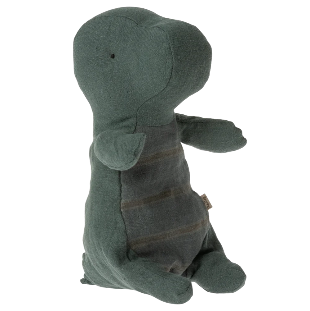 A green dino plushie with a cardboard egg