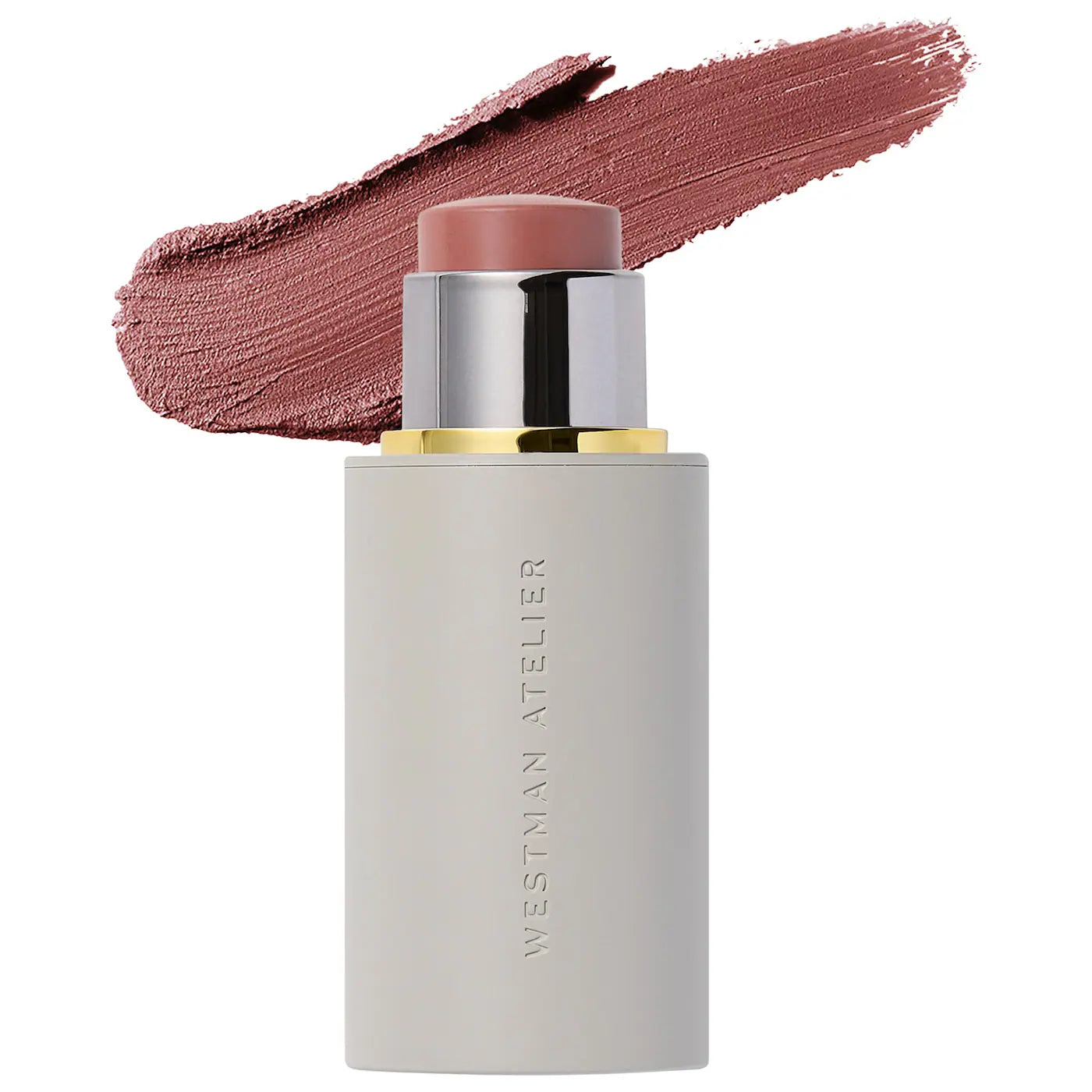 Westman Atelier makeup stick with a swatch of pink color on a white background