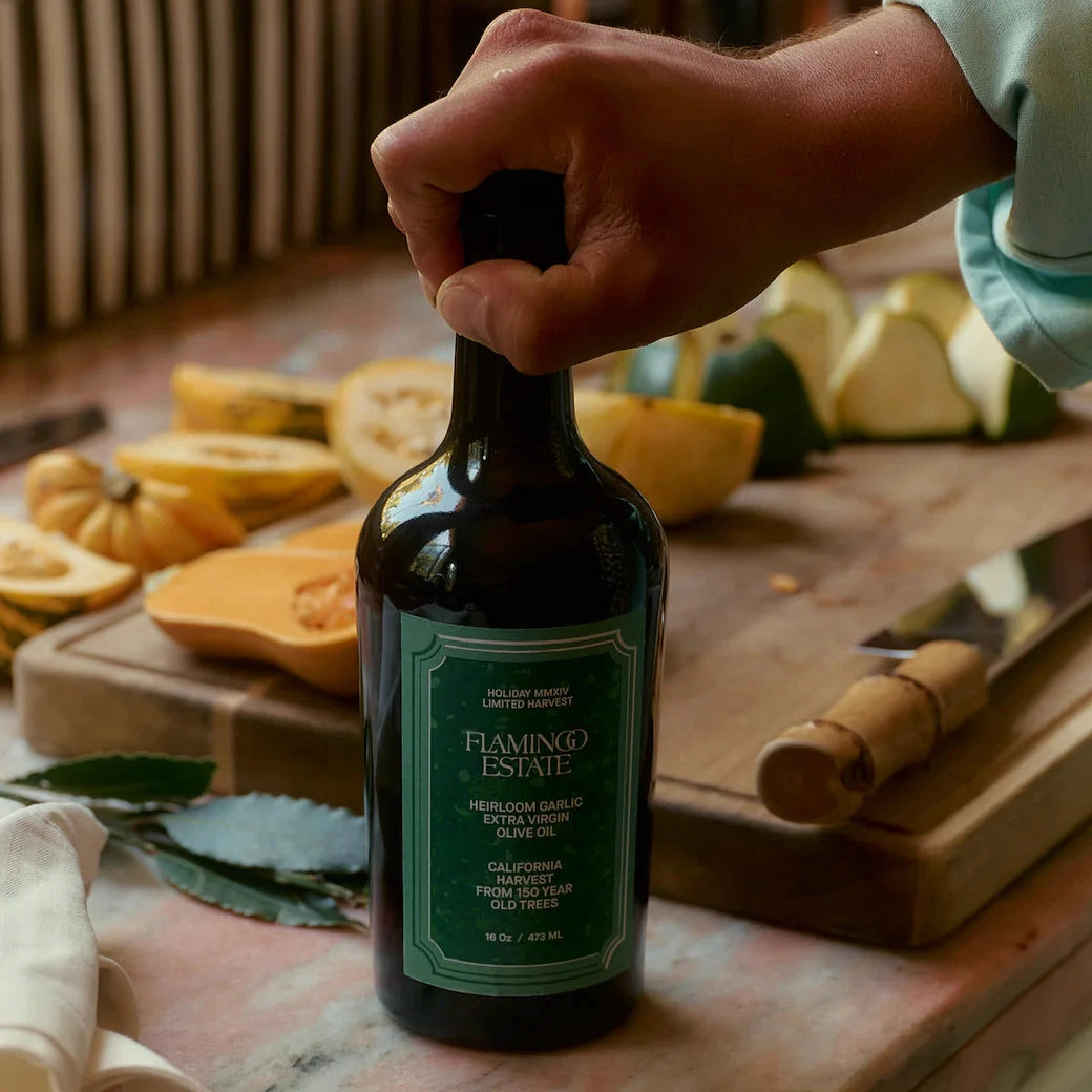 A bottle of Flamingo Estate garlic extra virgin olive oil