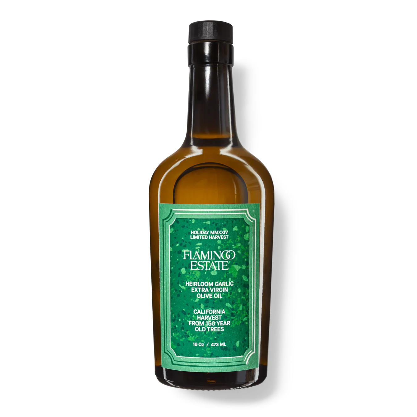 A bottle of Flamingo Estate garlic extra virgin olive oil