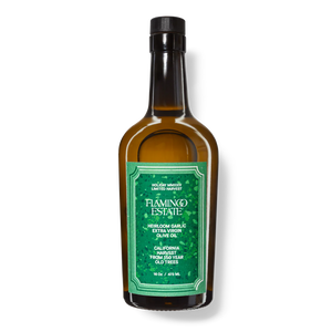 A bottle of Flamingo Estate garlic extra virgin olive oil