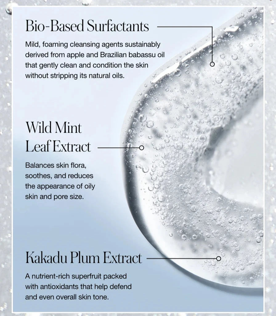 An infographic for the RMS Kakadu clean cleansing gel. Made with bio-based surfactants, wild mint leaf extract, and kakadu plum extract