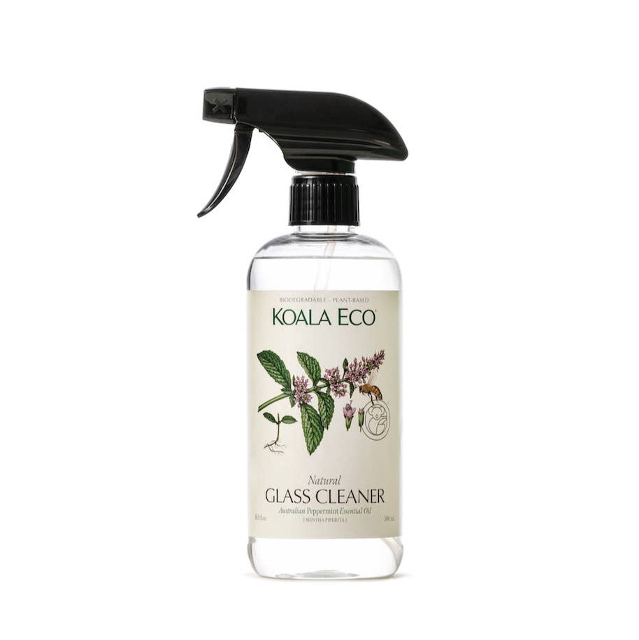 A bottle of Koala Eco glass cleaner with a spray nozzle, labeled 'Classic Clane' with an illustration of peppermint leaves.