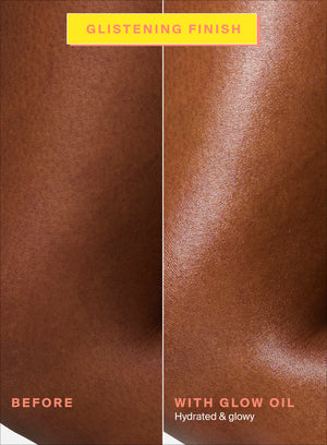 Before and after comparison of skin texture with a glistening finish, labeled 'Glistening Finish' and 'With Glow Oil'.