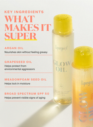Supergoop! Glow Oil with key ingredients listed on a white background