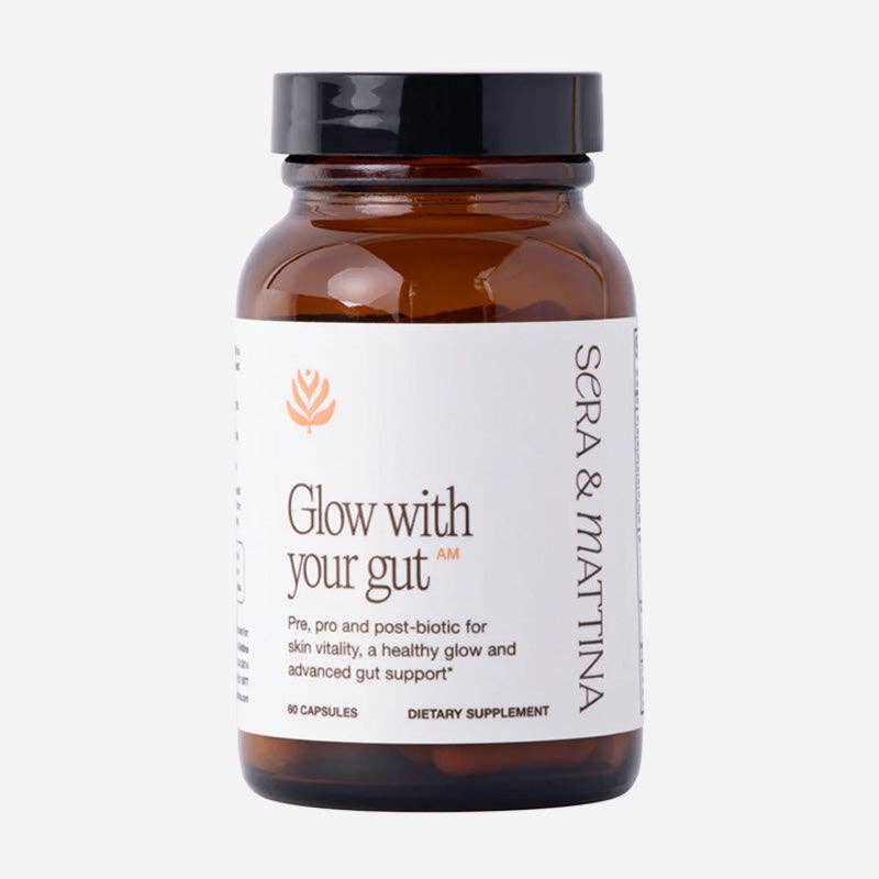 A bottle of Sera & Mattina Glow with your Gut supplements