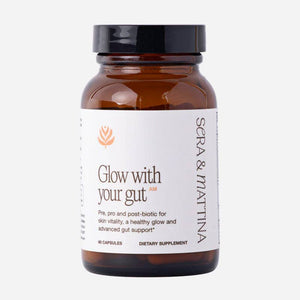 A bottle of Sera & Mattina Glow with your Gut supplements